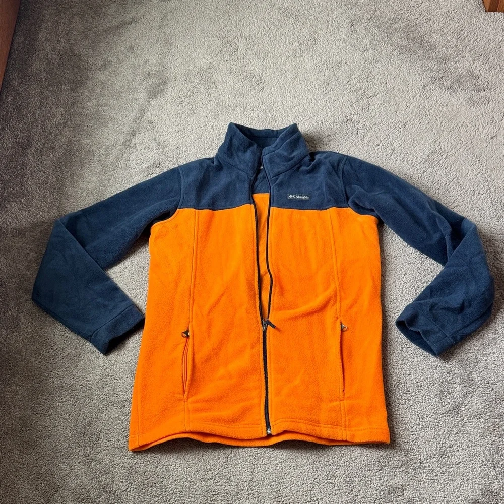 Columbia Orange Navy Colorblock Full Zip Fleece Jacket Outdoor Hiking SIZE XL